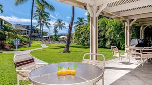 A covered outdoor seating area with a table and chairs, a grill, and a view of a residential area with palm trees and a pathway.