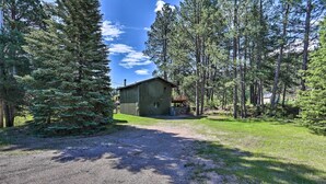 A rustic cabin surrounded by tall pine trees, a gravel driveway, and a wooden deck. - Creekside Rapid City Cabin w/ Deck on 30 Acres! (Rapid City)