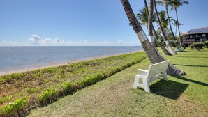 A beach view with a white bench, palm trees, and a building with solar panels. - Molokai Shores Resort Condo w/ Pool & Views! (Kaunakakai)