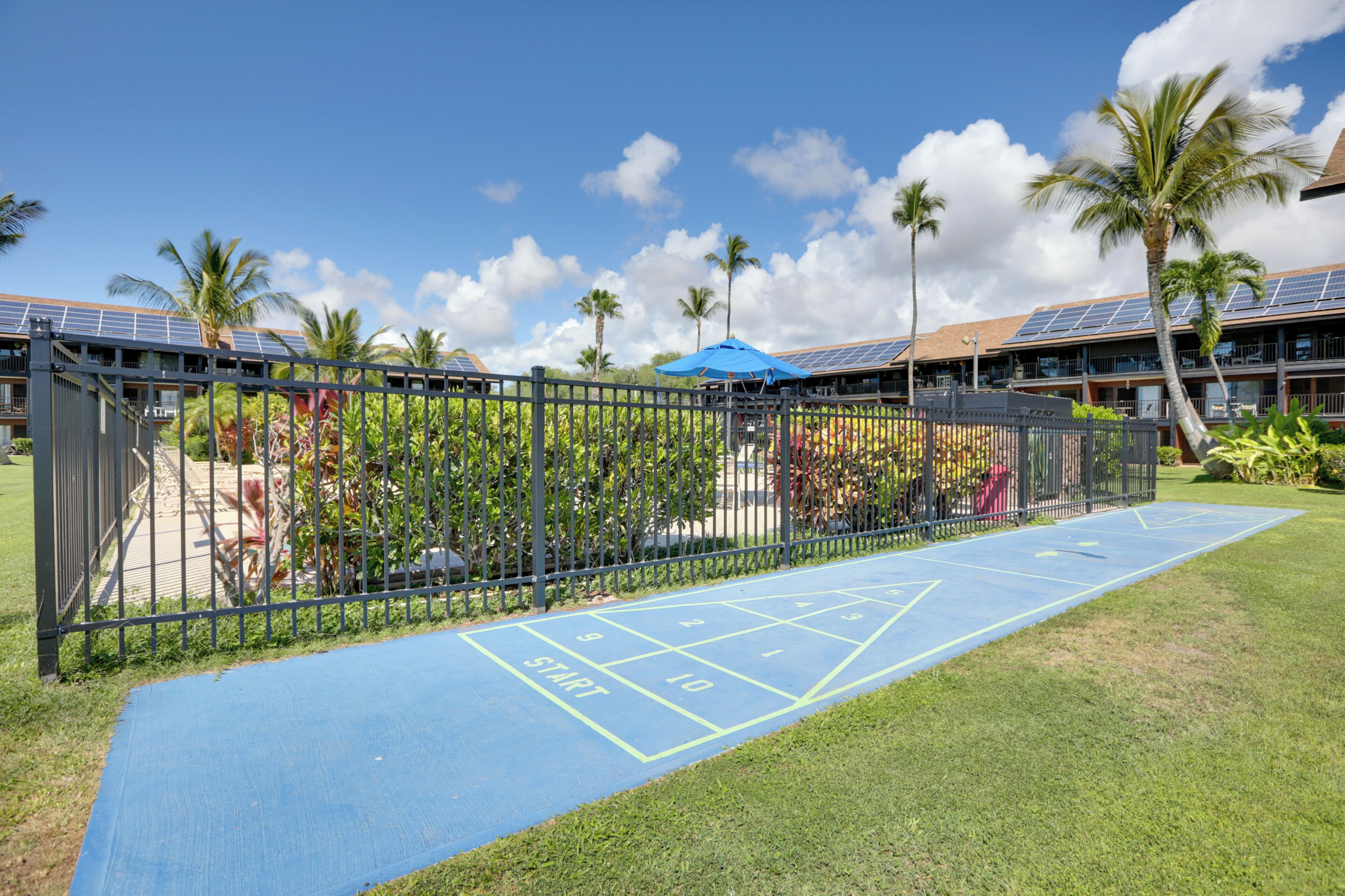 A shuffleboard court with a blue surface and numbered squares, surrounded by a fence and palm trees.