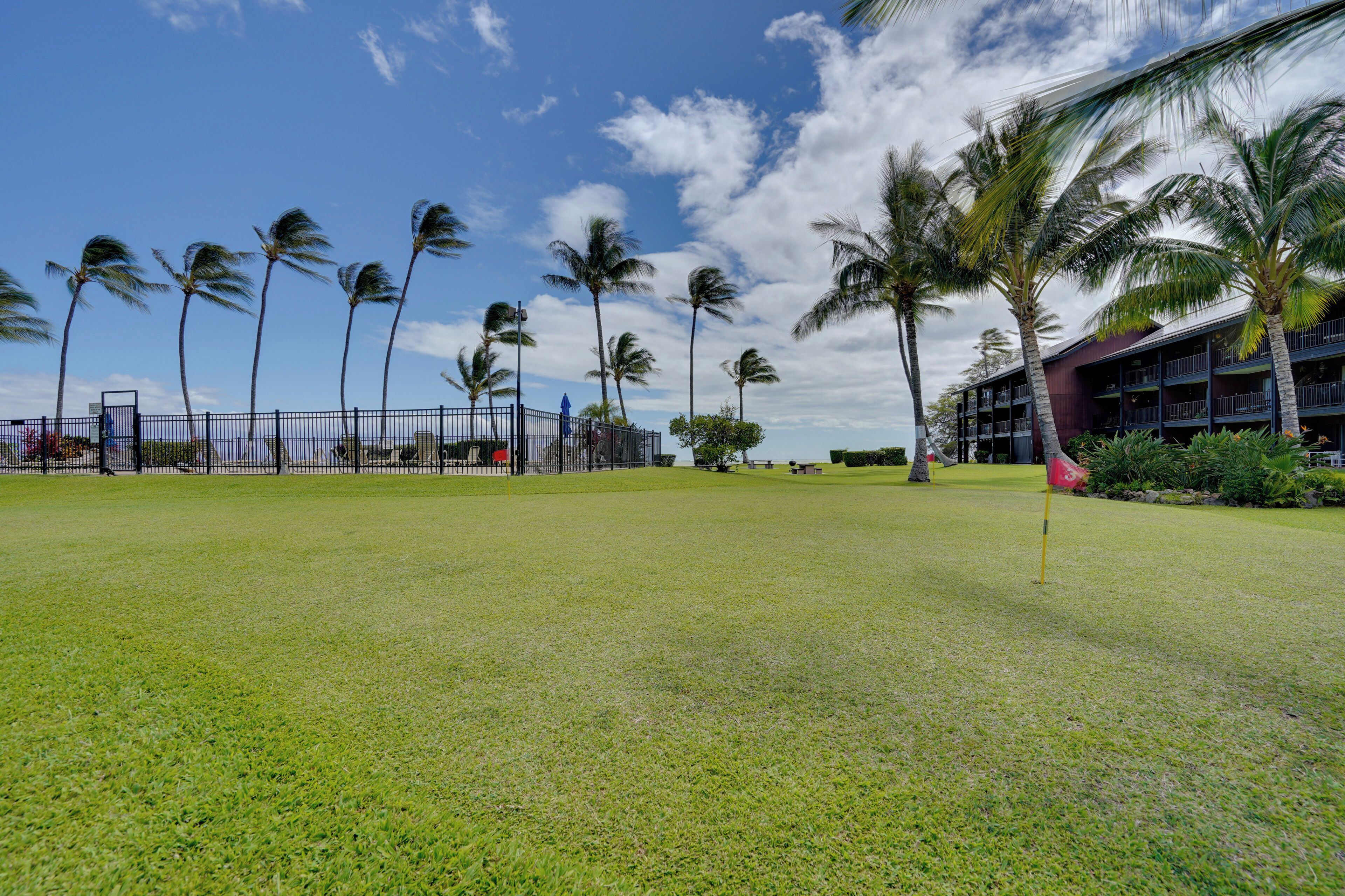 A well-maintained grassy area with a flagpole, palm trees, and a building with multiple balconies in the background.