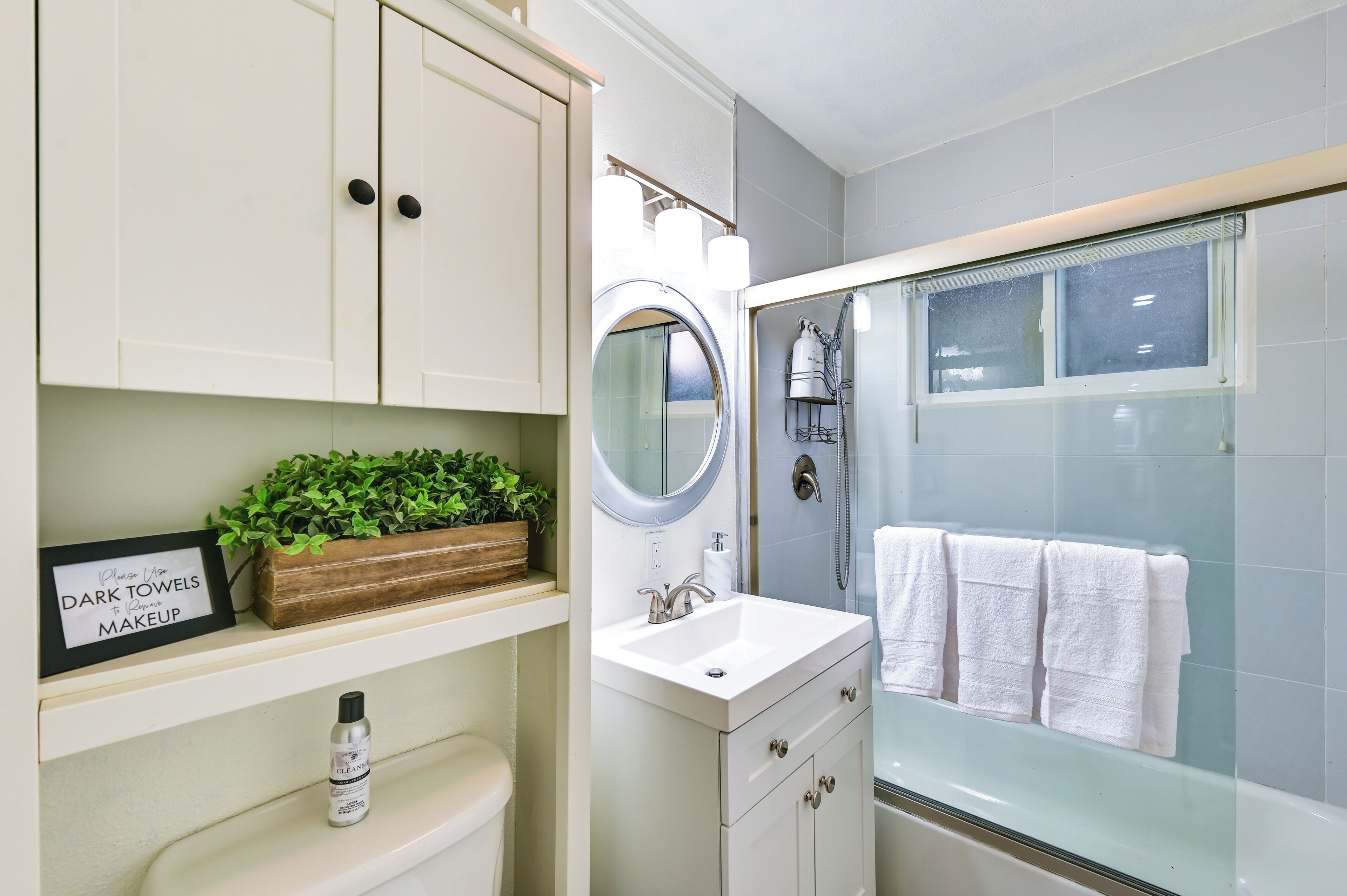 A bathroom with a white vanity, a mirror, a sink, a shower with glass doors, and a shelf with a plant and a sign.