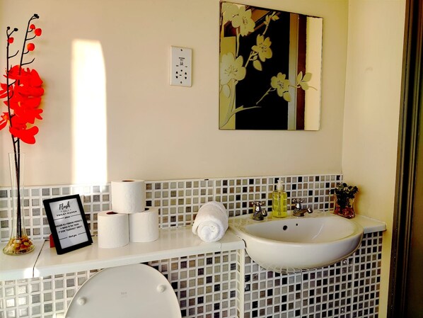 Um banheiro com pia branca, vaso sanitário e espelho sobre a pia. Há uma placa emoldurada no balcão, um rolo de papel higiênico e um vaso com flores vermelhas.