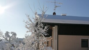 Schneebedeckte Landschaft mit einem Haus, das eine Satellitenschüssel und eine Garage hat.