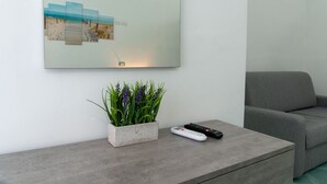 A living room with a grey sofa, a small table with a potted plant, and a remote control. - 1 Bedroom Apartment in Ischia (Ischia)