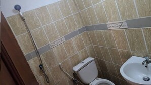 Un baño con inodoro, lavamanos y ducha.