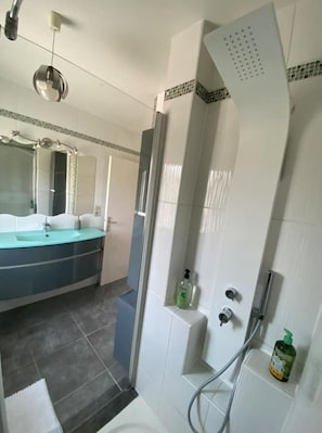 Hair dryer, towels, soap, shampoo