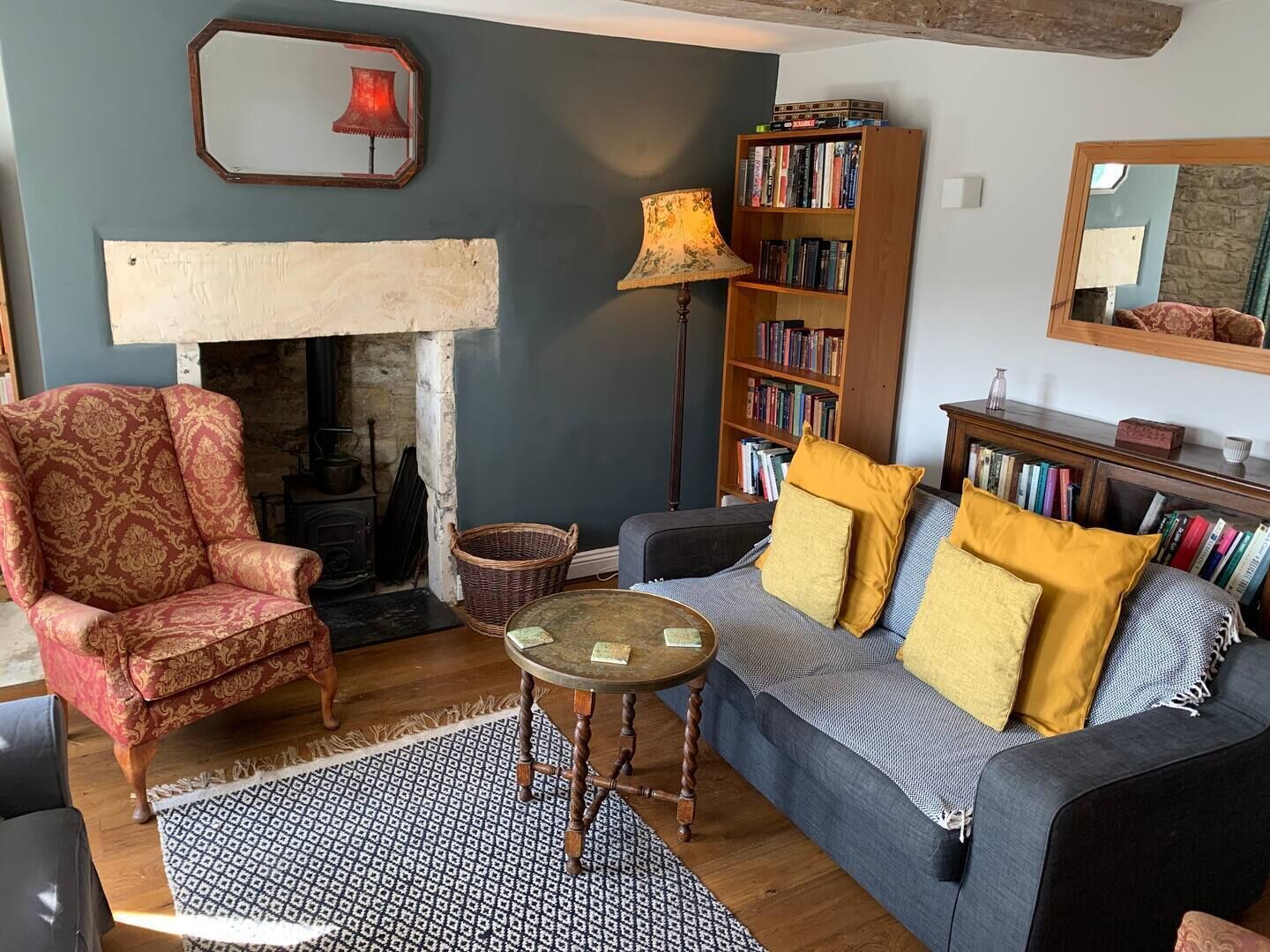 Smart TV, fireplace, books