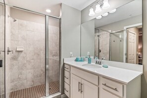 Shower, towels, soap, shampoo