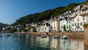 Une ville côtière dotée de bâtiments historiques le long du front de mer, de bateaux amarrés et d’une colline couverte d’une végétation luxuriante.