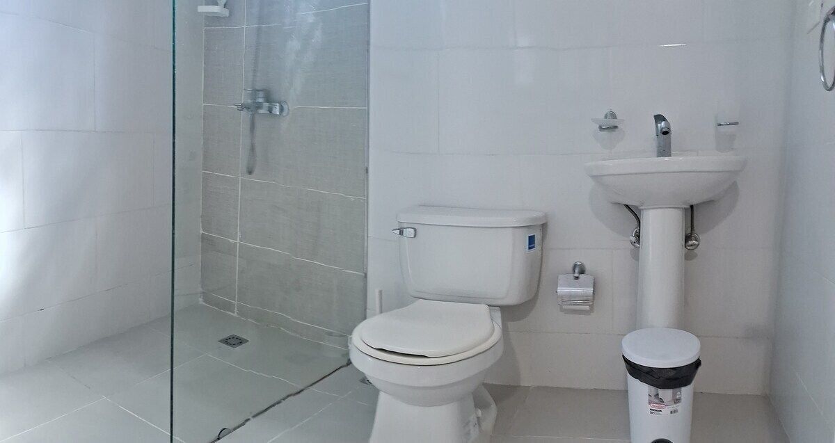 A modern bathroom with a glass-enclosed shower, a white toilet, and a pedestal sink.