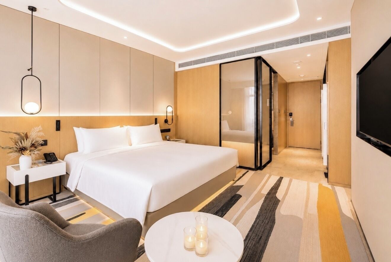 A modern hotel room with a large bed, bedside tables, a TV, and a small seating area.