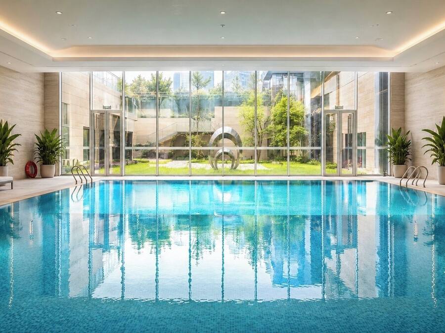 A modern indoor swimming pool with clear glass walls, lounge chairs, and potted plants.