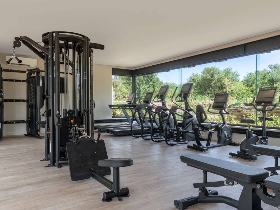 A modern gym with various exercise equipment, large windows, and a view of greenery.