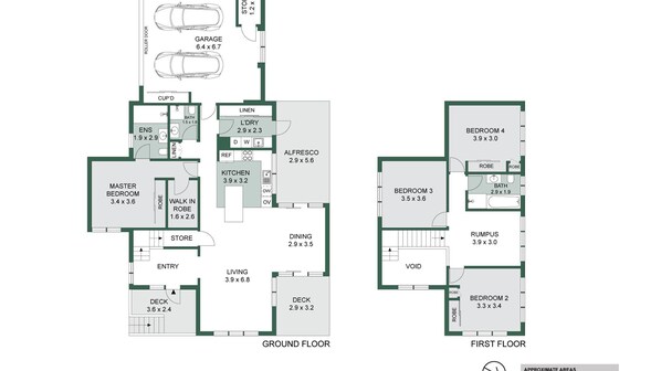 A floor plan of a house with two floors, including a master bedroom, two bedrooms, a living room, a dining area, a kitchen, a bathroom, a balcony, and a garage. - Alpine Snow Angels Retreat (Jindabyne)