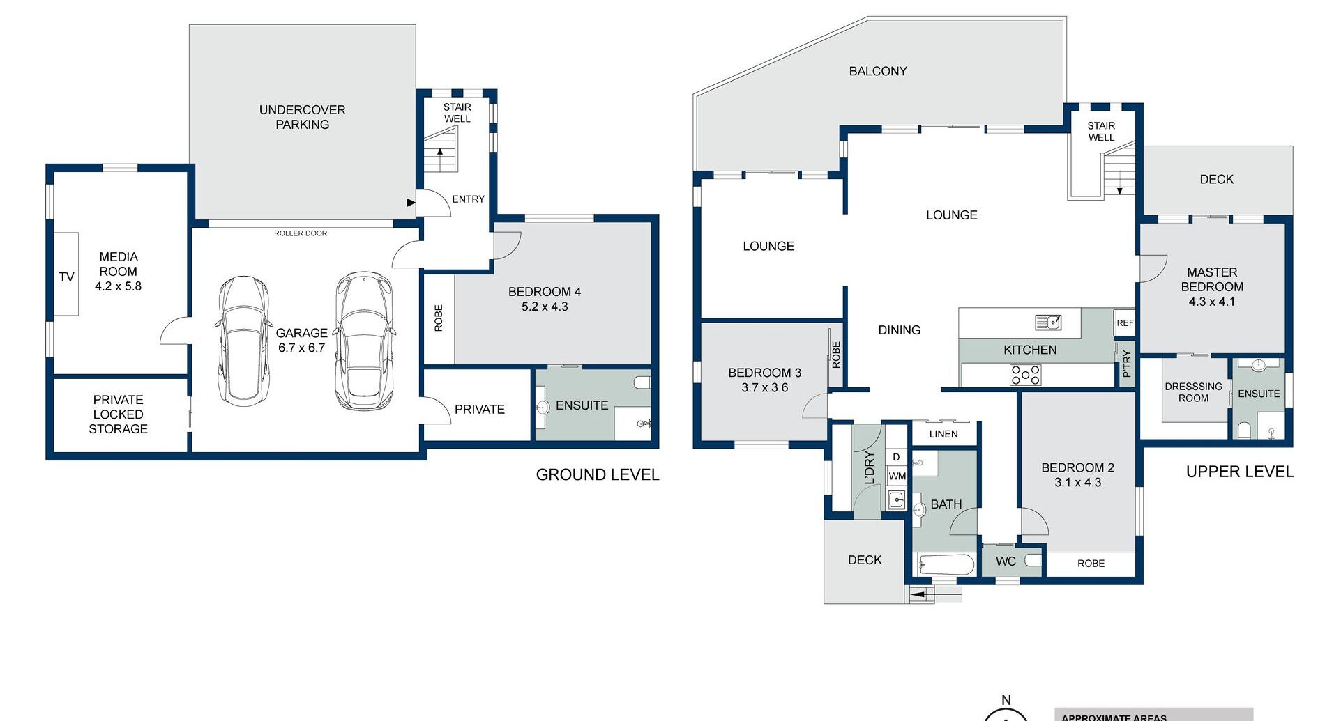 A hotel layout with a ground level including a media room, garage, undercover parking, and a private locked storage. Upper level features include a balcony, lounge, deck, master bedroom, and a dining area with a kitchen.