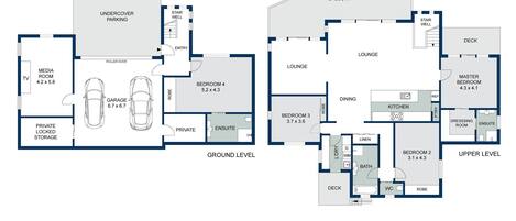 A hotel layout with a ground level including a media room, garage, undercover parking, and a private locked storage. Upper level features include a balcony, lounge, deck, master bedroom, and a dining area with a kitchen.