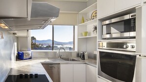 A modern kitchen with a large window, stainless steel appliances, and a view of a lake and mountains.
