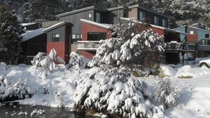 A residential area with houses, snow-covered trees, and a river. - Angala 2 located across from Friday Flat (Thredbo)