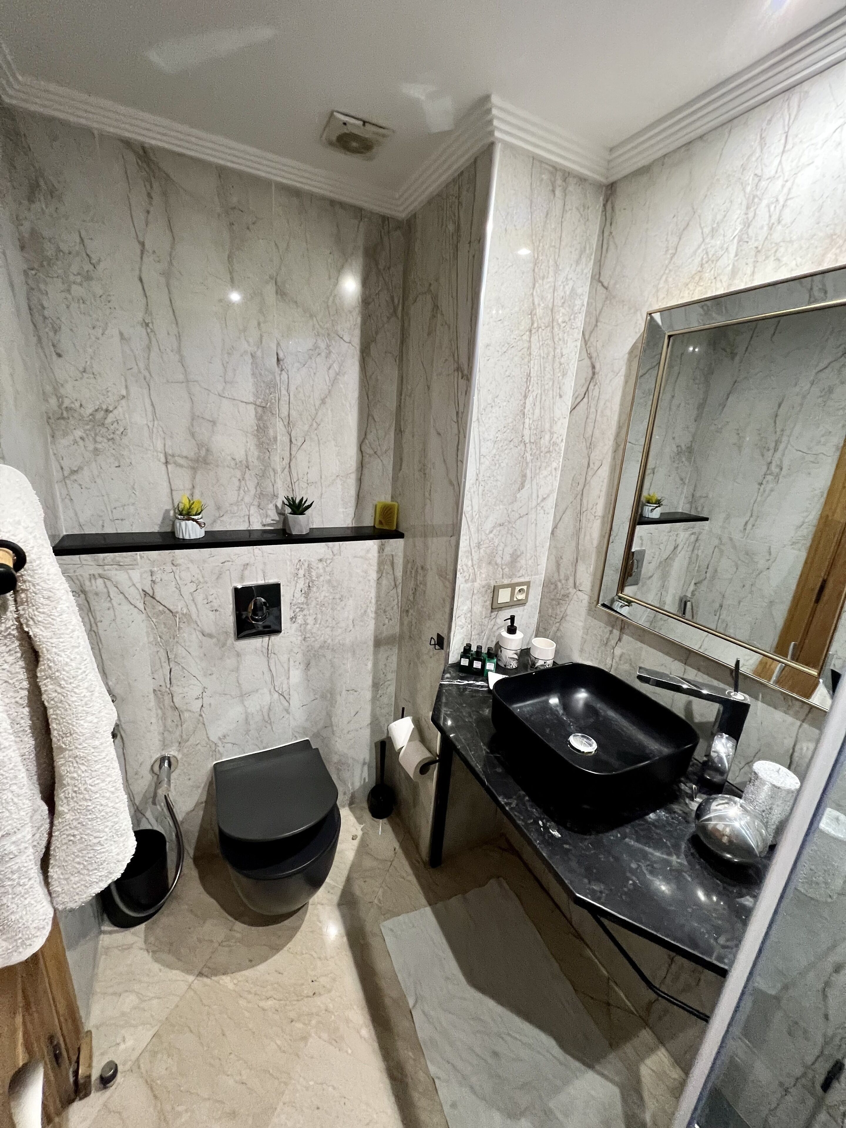 Douche, sèche-cheveux, bidet, serviettes fournies