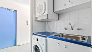 Une petite buanderie équipée d’un lave-linge, d’un évier et d’un meuble de rangement.