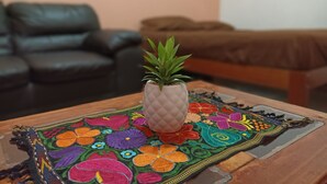 Una planta pequeña en maceta sobre un mantel tejido de colores en una habitación con un sofá de cuero marrón y una cama con manta marrón.