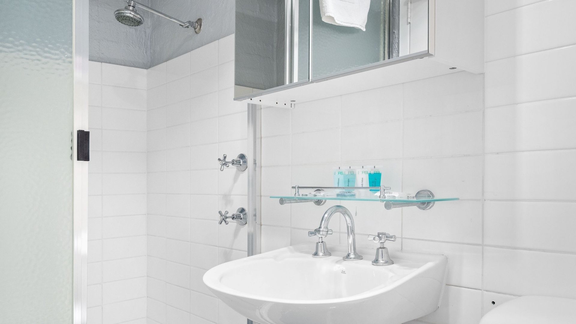 Een badkamer met een witte wastafel, een glazen plank met toiletartikelen en een douche.