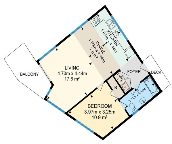 A floor plan with a living room, kitchen, dining area, bedroom, balcony, foyer, and bathroom. - Little Bivvy located high up in Tyrolean Village with spectacular views over Lake Jindabyne (East Jindabyne)