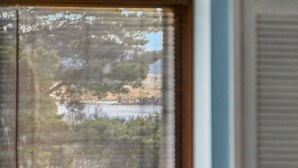 Blick durch ein Fenster auf einen See und Bäume.