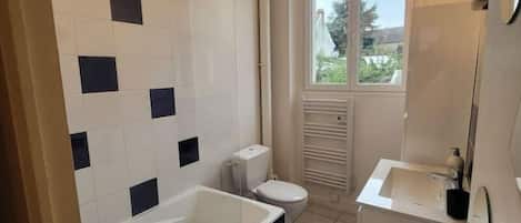 Hair dryer, towels, toilet paper