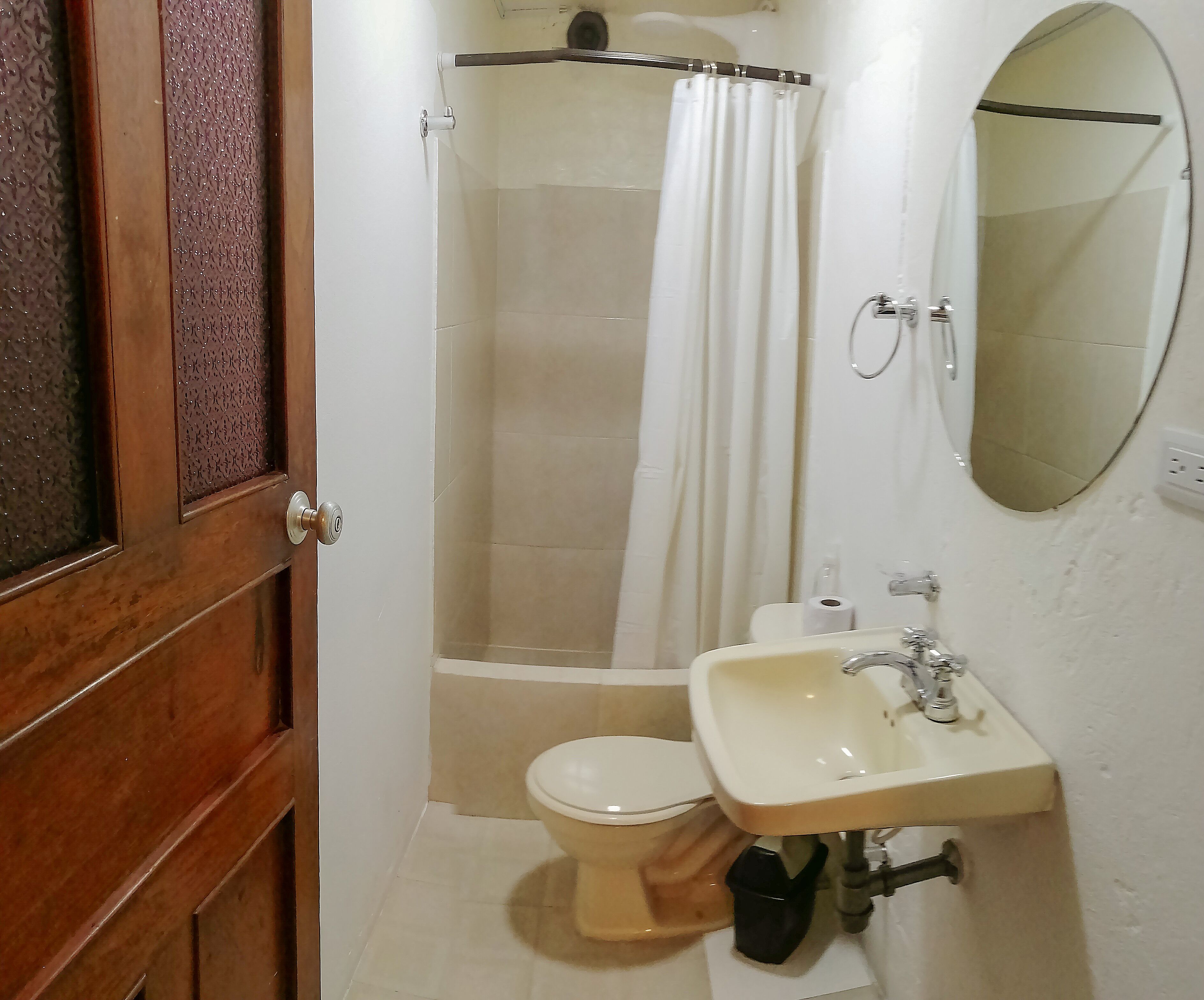 A bathroom with a toilet, sink, shower, and a mirror.