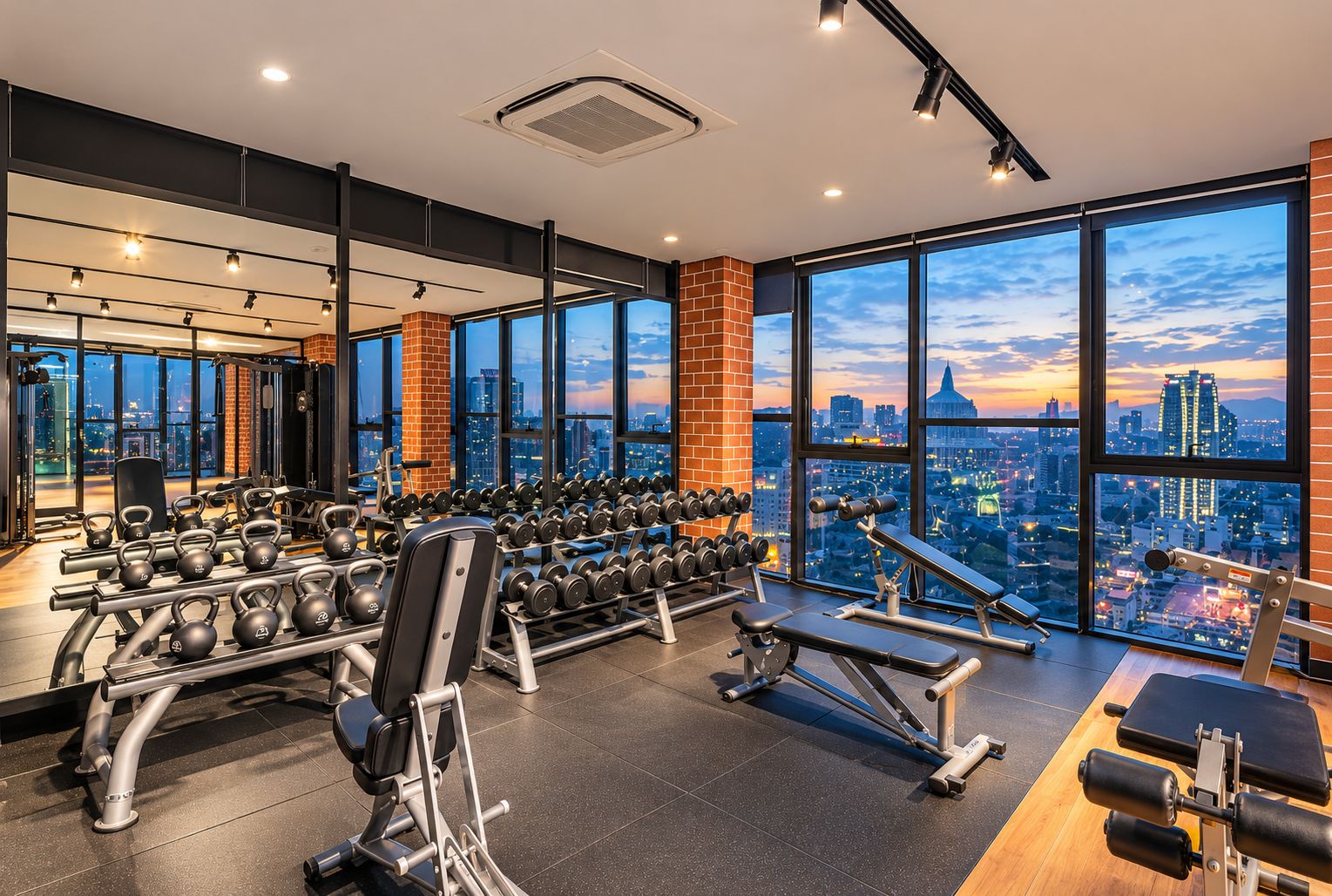 A gym with various exercise equipment, large windows with a city view, and a brick wall.