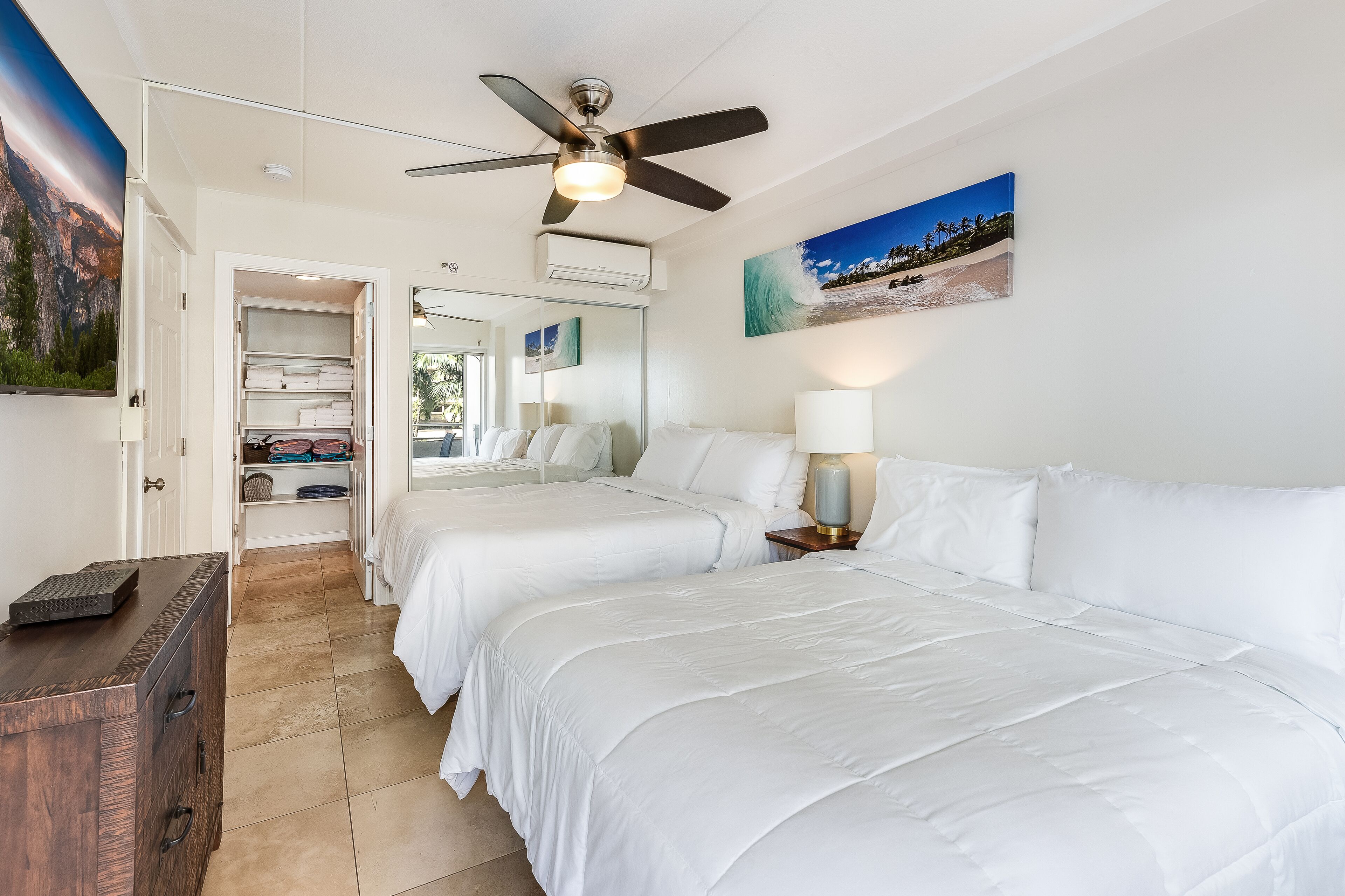 2 bedrooms, desk, iron/ironing board, travel crib