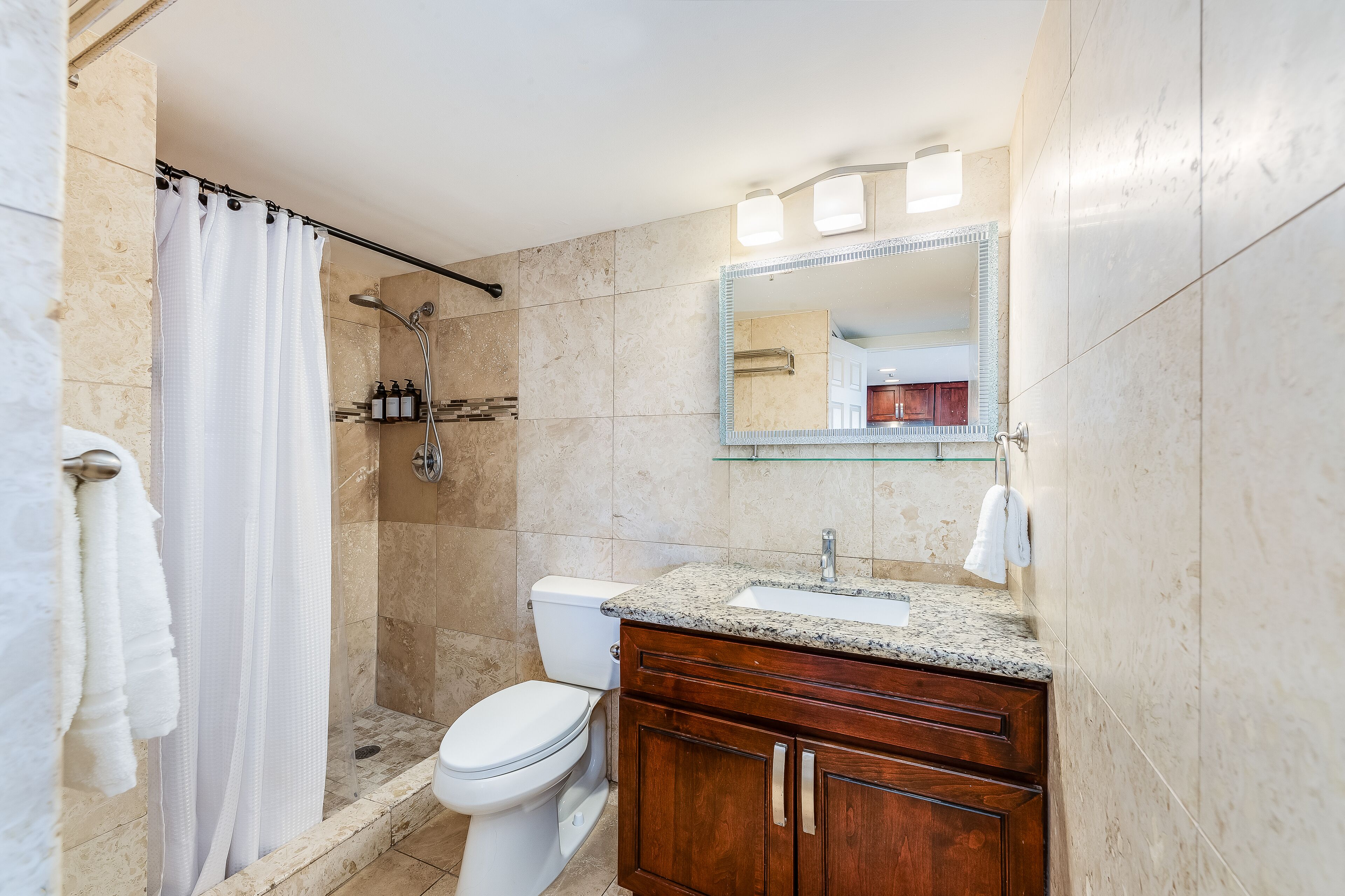 Hair dryer, towels, soap, toilet paper