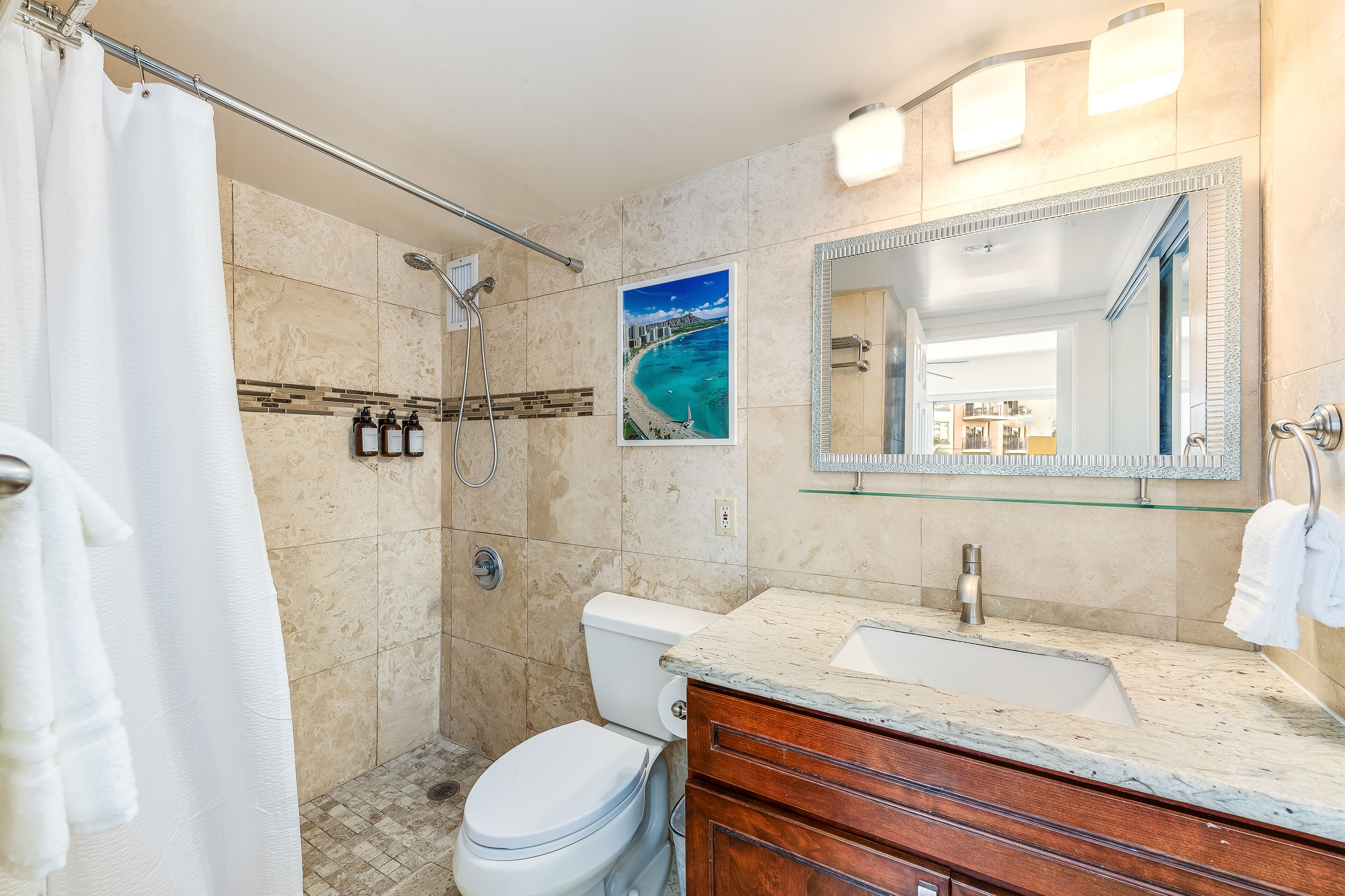 Hair dryer, towels, soap, toilet paper