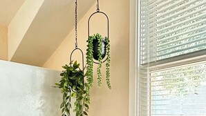 Una encimera de cocina con una tabla de cortar de madera, un lavamanos de mármol blanco y una planta colgante.