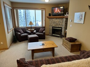 Fernseher, Kamin, DVD-Player, Bücher