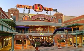 A theater with a marquee reading "Centro Ybor" and "Nuvico Theaters" with 20 screens.