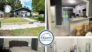 A property with a front yard, a kitchen with a bar area, a bedroom with a large bed, and a bathroom with a shower and sink. - Fresh Home near Ybor city  (Tampa)
