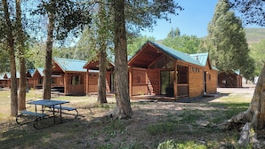 Une rangée de cabanes en bois dotées de grandes fenêtres, une table de pique-nique et un espace extérieur couvert.