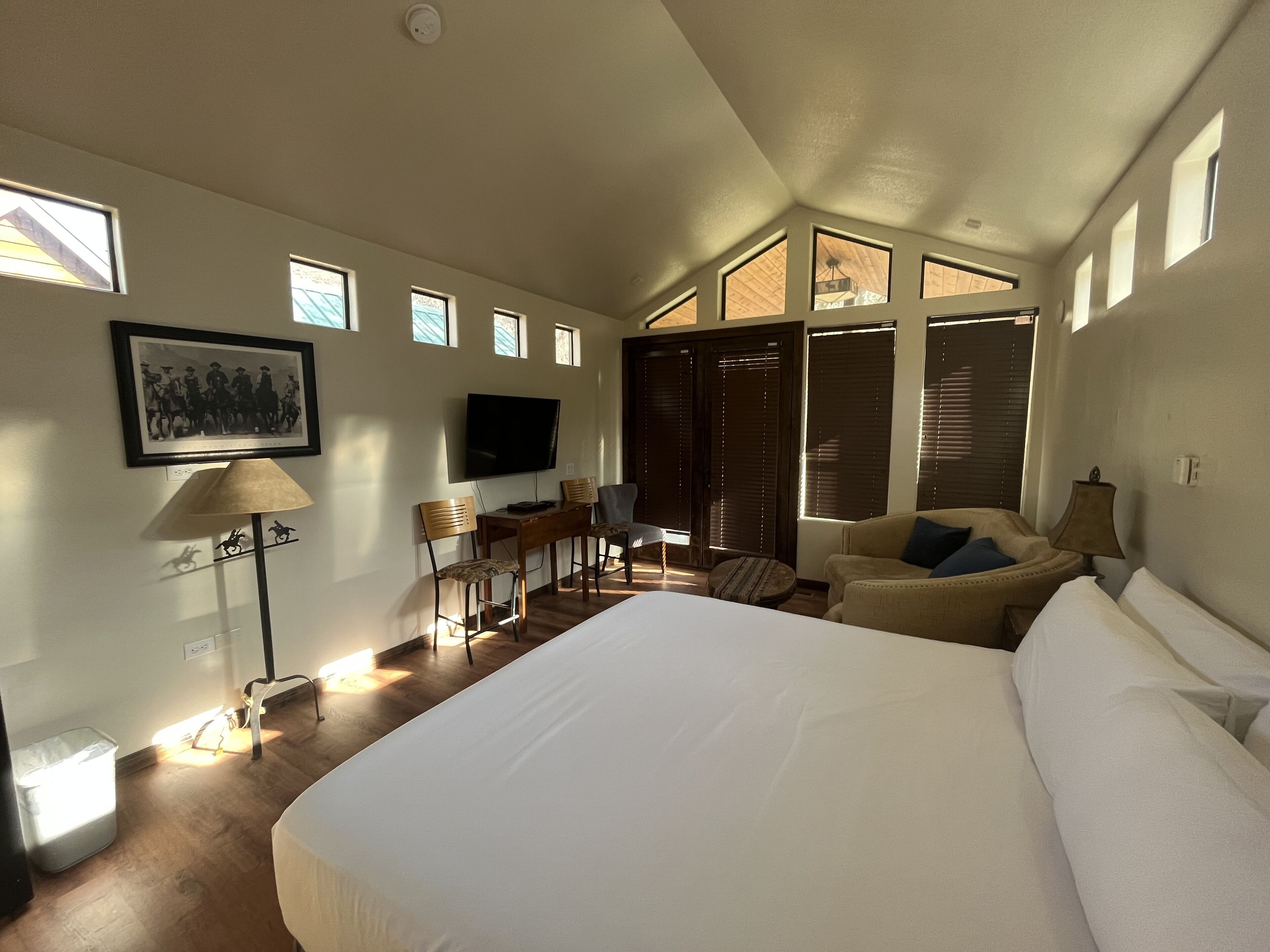 Quarto com uma cama grande, uma escrivaninha com cadeira, televisão e um quadro na parede.