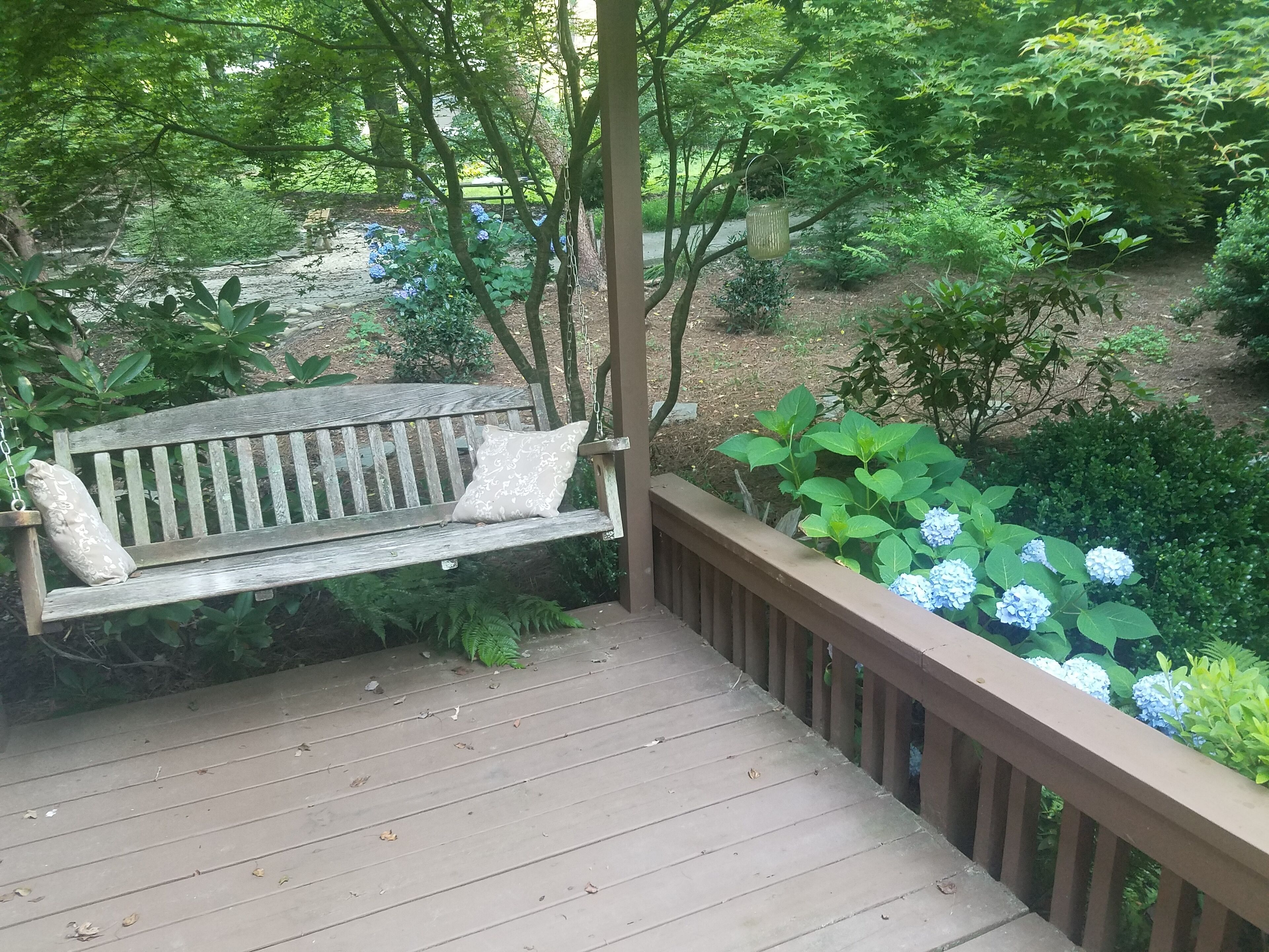 Un banc en bois avec un coussin, placé sur une terrasse en bois, entouré d’une végétation luxuriante et de fleurs d’hortensias bleues.