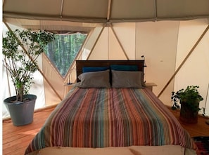 Una habitación con carpa, una cama, una ventana y una planta en maceta.