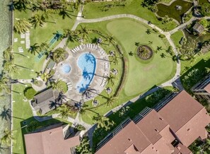 Vista aérea de un resort con piscina central, palmeras y un campo de golf.