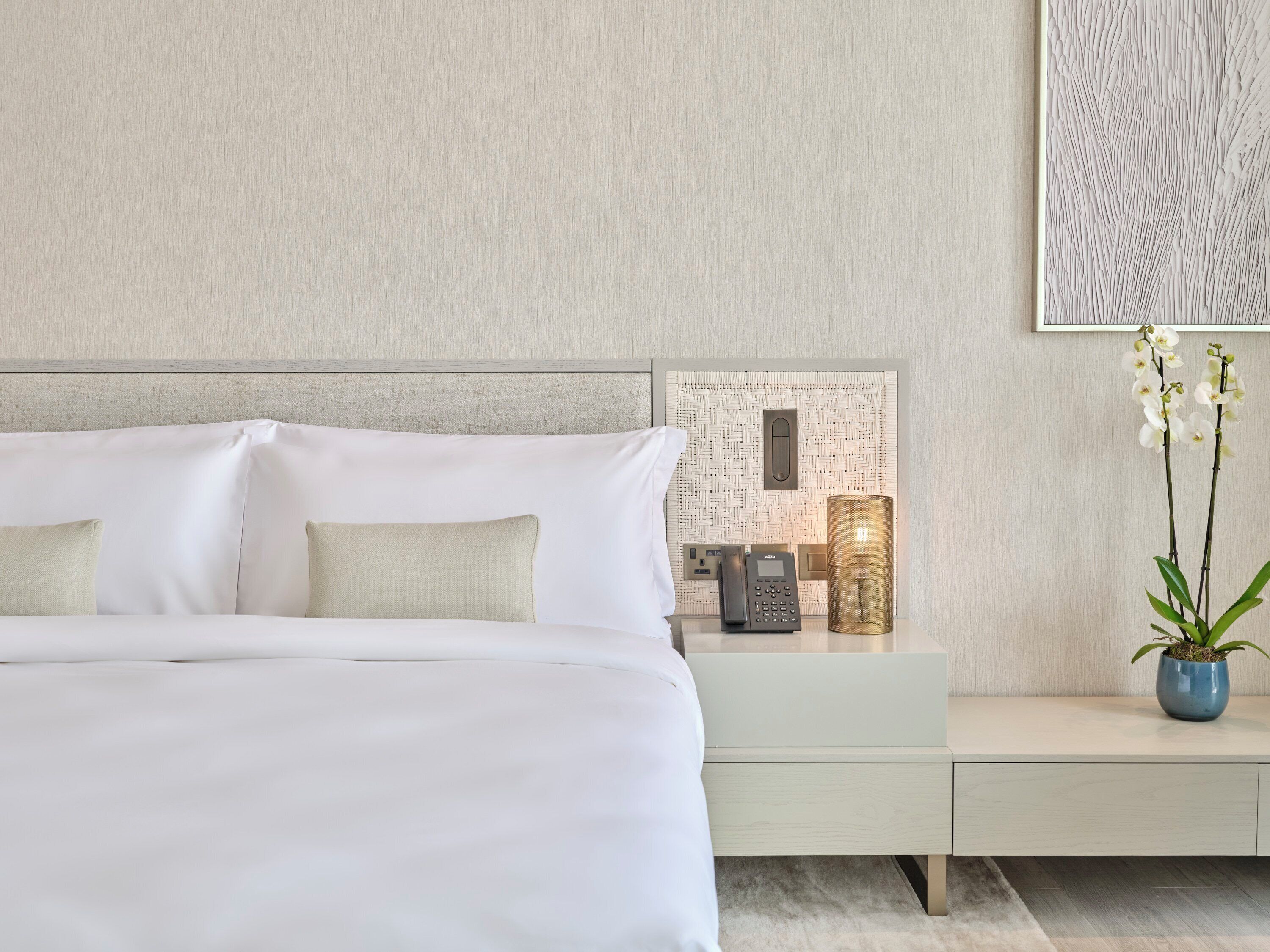 A modern hotel room with a large bed, a bedside table with a phone and lamp, and a potted orchid plant.