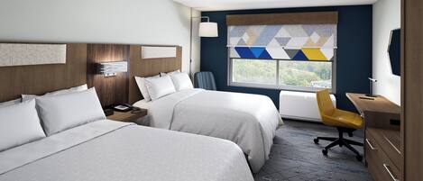 A hotel room with two beds, a desk, a chair, a window with a view, and a bedside lamp.