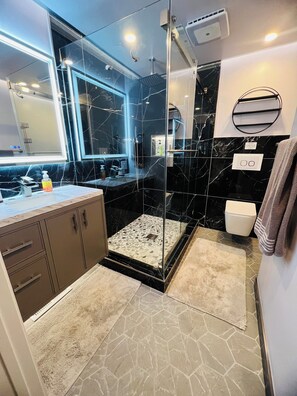 Shower, hair dryer, towels, soap
