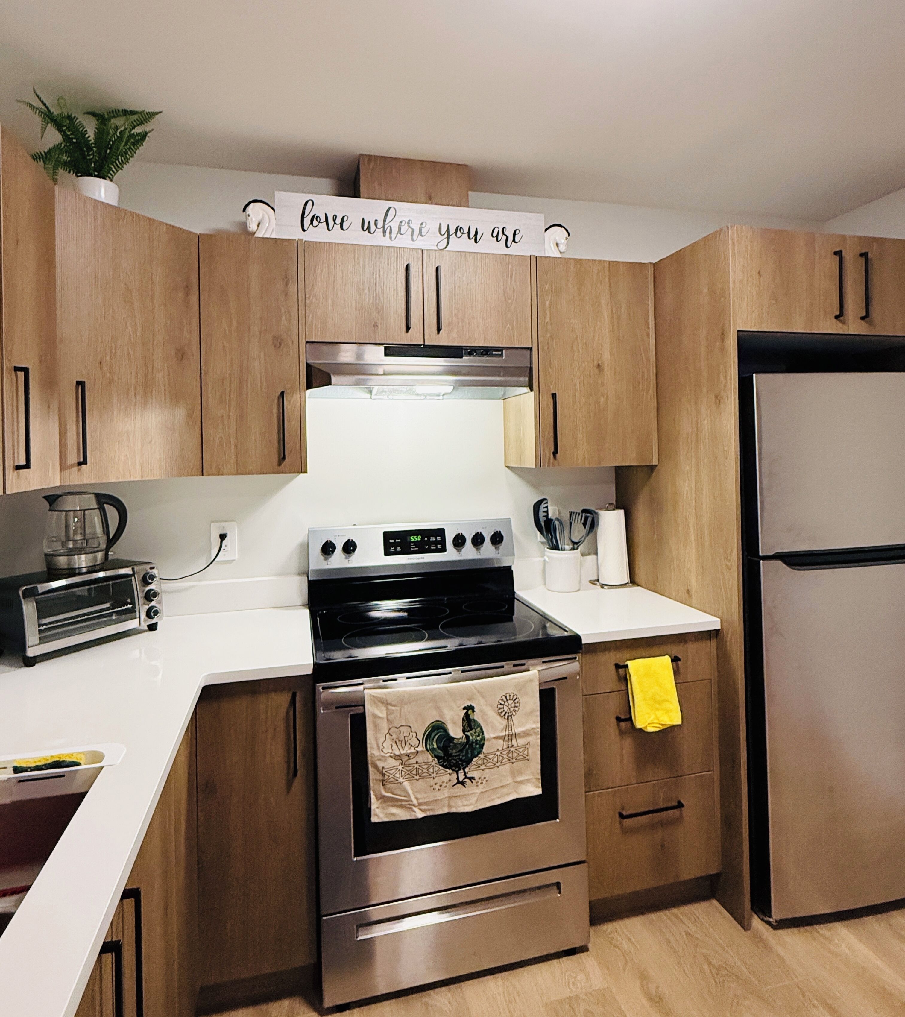 Een koelkast, een microgolfoven, een oven, een kookplaat