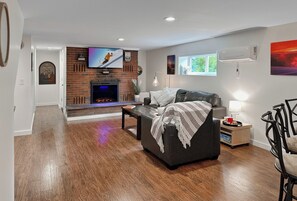 Smart TV, fireplace, video games, DVD player
