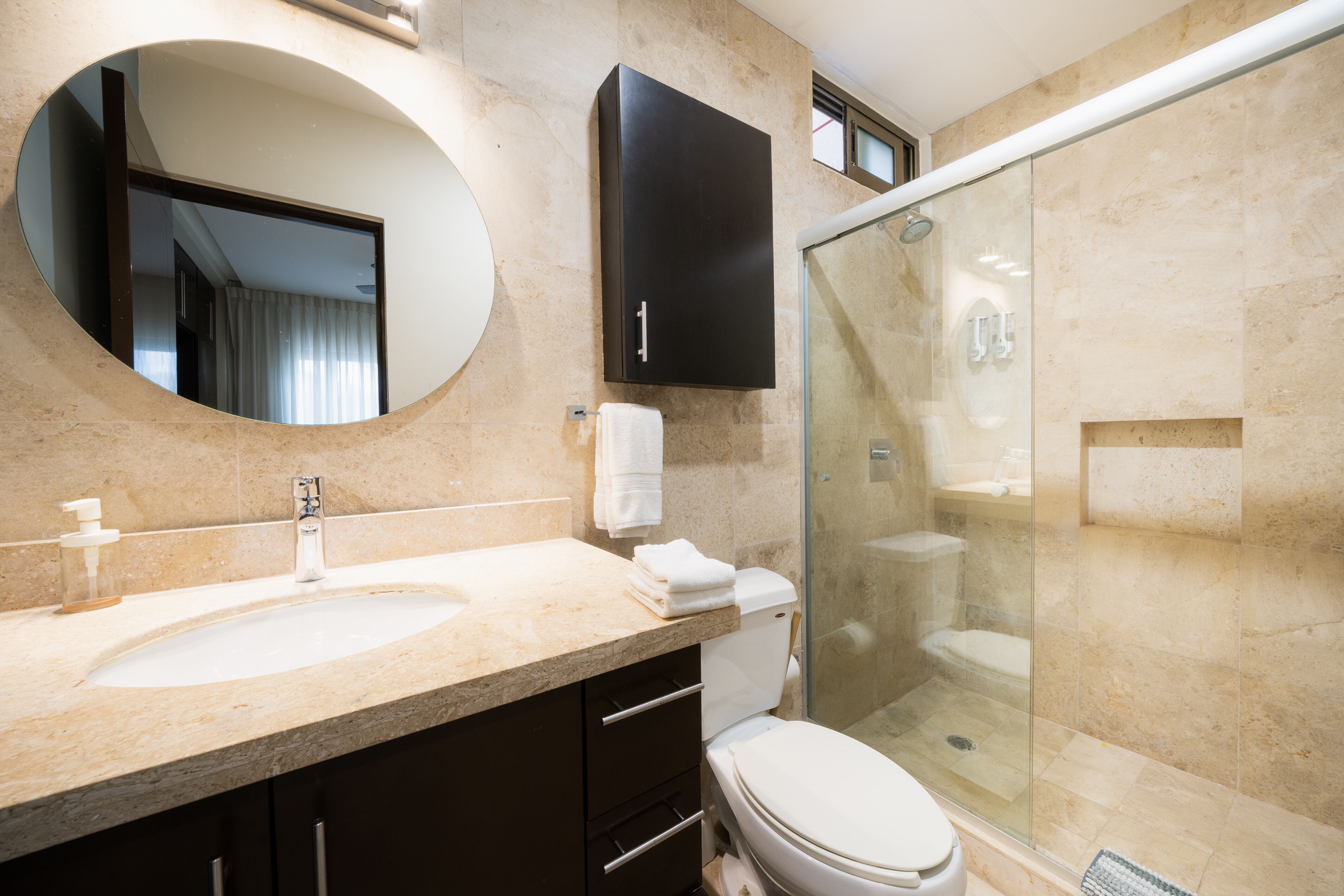 A modern bathroom with a large sink, a toilet, a glass shower enclosure, and a mirror.